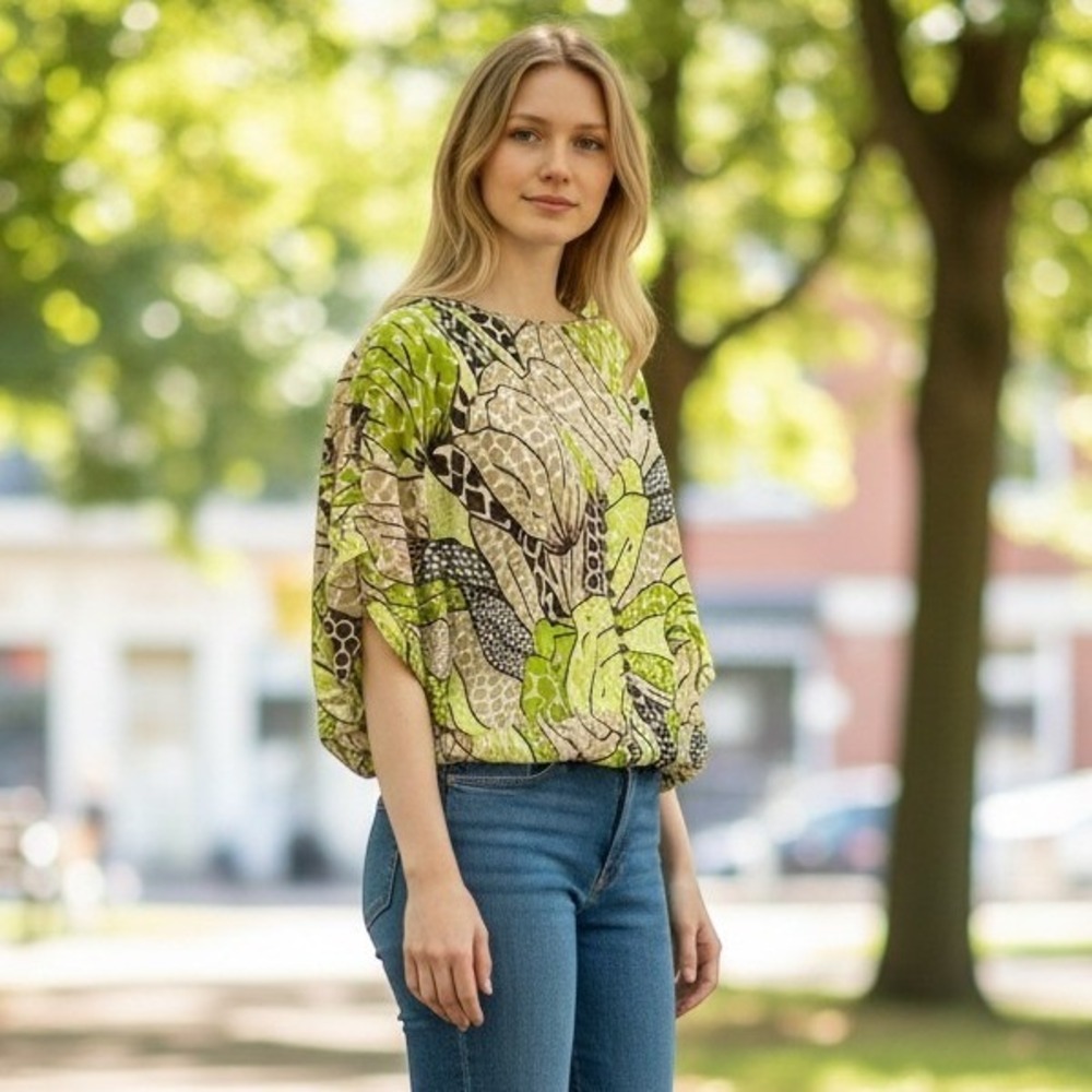 ECI New York Women Green Tan Abstract Floral Smocked Waist Dolman Blouse Medium
